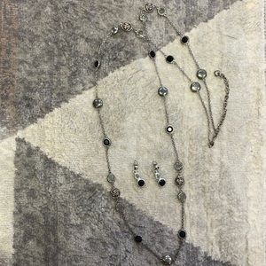 Brighton Silver Long Necklace and Earrings Set with Grey and Black Stones.